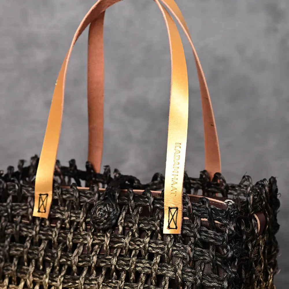 Handmade Sabai Grass Large Mesh Bag - Black and Gold