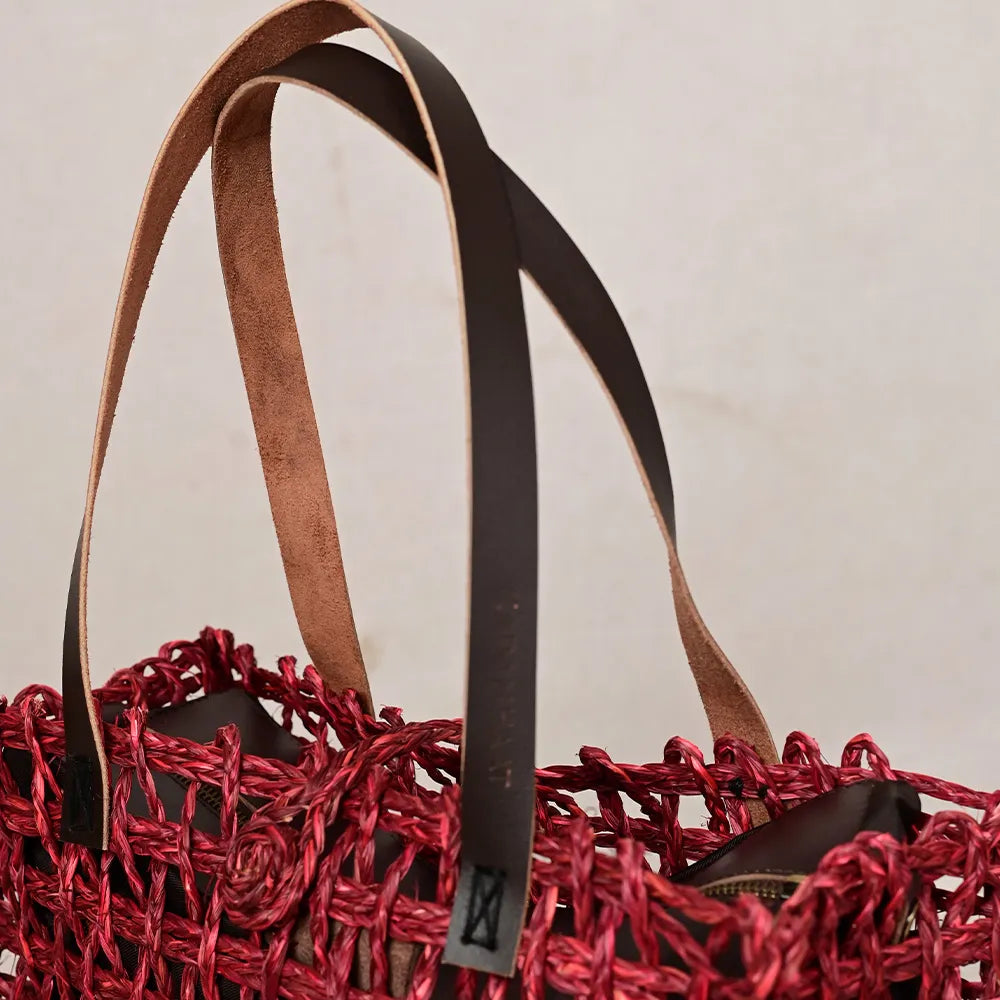 Handmade Sabai Grass Large Mesh Bag - Wine