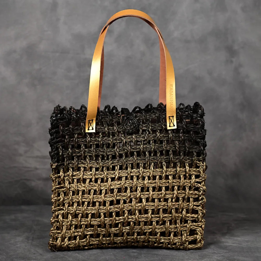 Handmade Sabai Grass Large Mesh Bag - Black and Gold