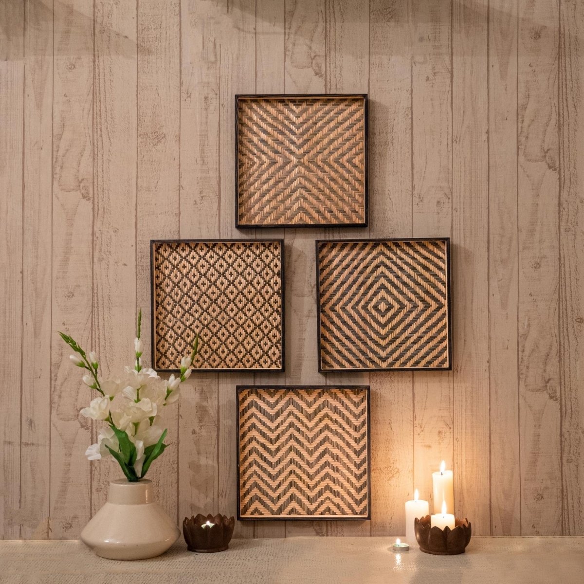 Bamboo Jamdani Wall Art Set of 4 - Kadam Haat