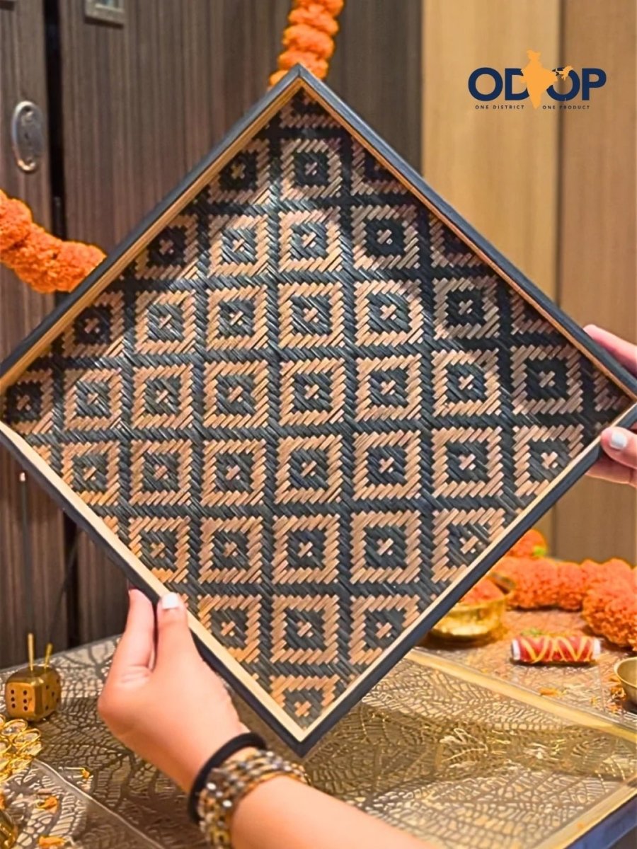 Handmade Bamboo 'Jamdani' Pooja Tray - Black - Kadam Haat