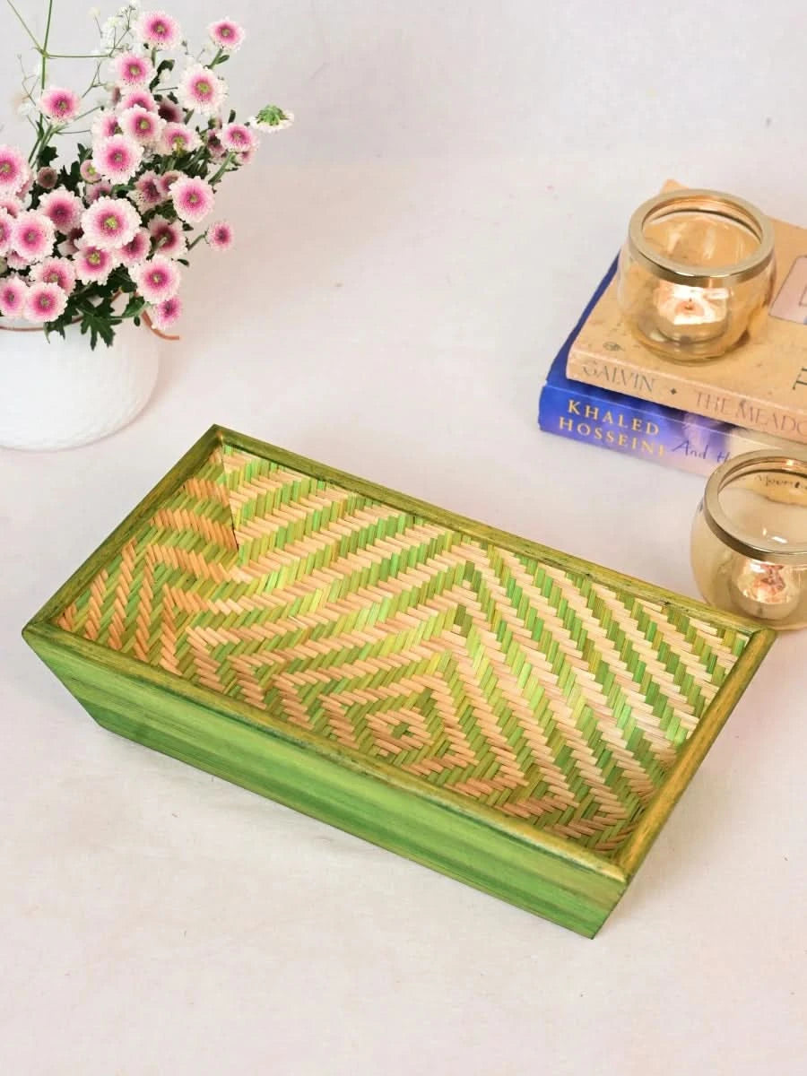 Handmade Bamboo Rectangular Basket - Green - Kadam Haat