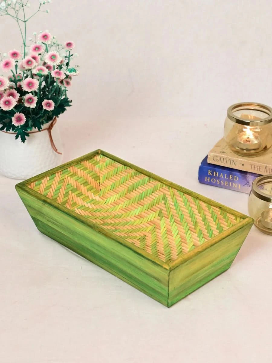 Handmade Bamboo Rectangular Basket - Green - Kadam Haat