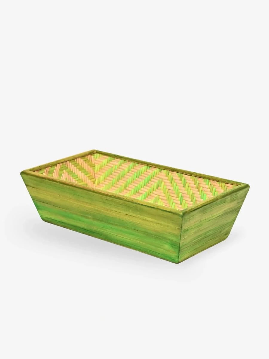 Handmade Bamboo Rectangular Basket - Green - Kadam Haat