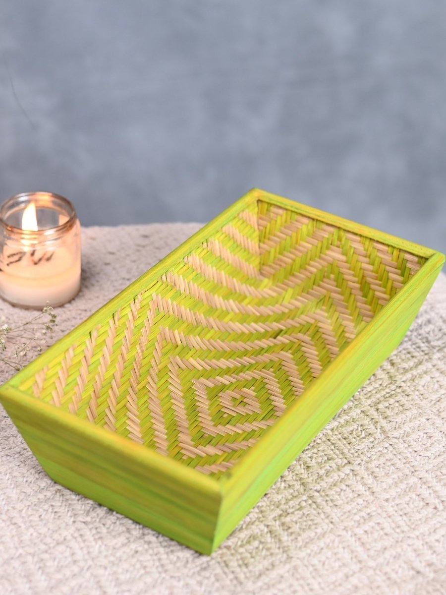 Handmade Bamboo Rectangular Basket - Green - Kadam Haat