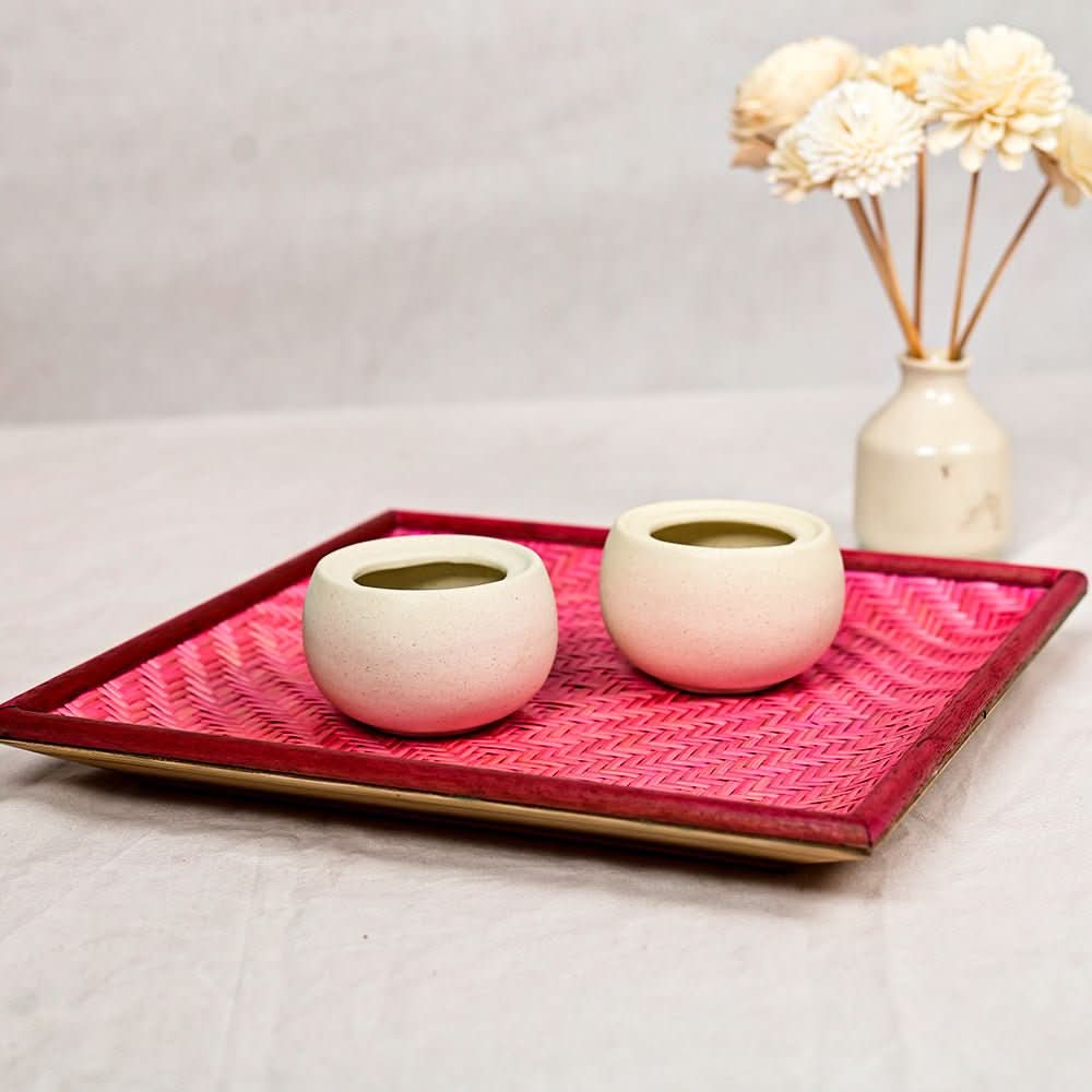 Handmade Bamboo Rectangular Serving Tray - Pink - Kadam Haat