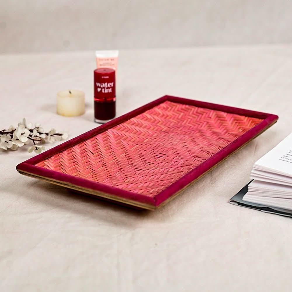 Handmade Bamboo Rectangular Serving Tray - Pink - Kadam Haat