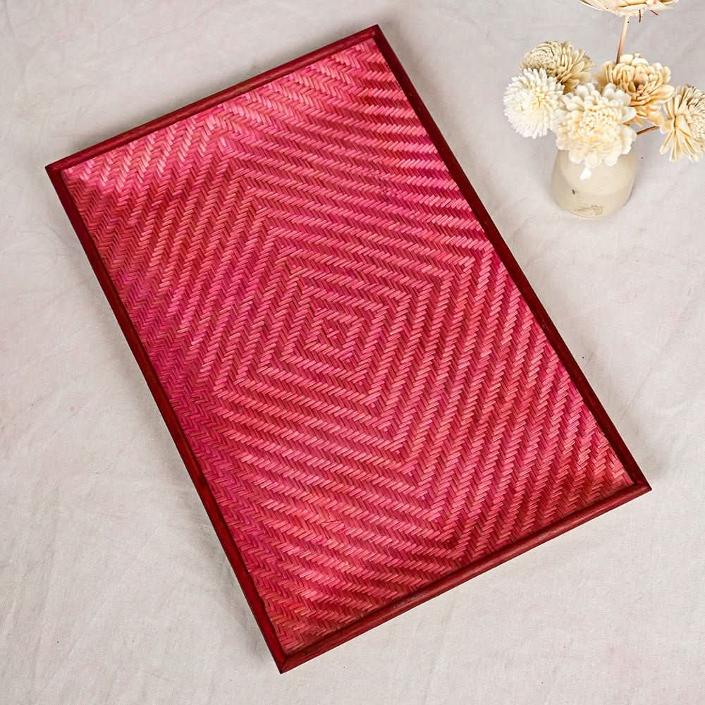 Handmade Bamboo Rectangular Serving Tray - Pink - Kadam Haat