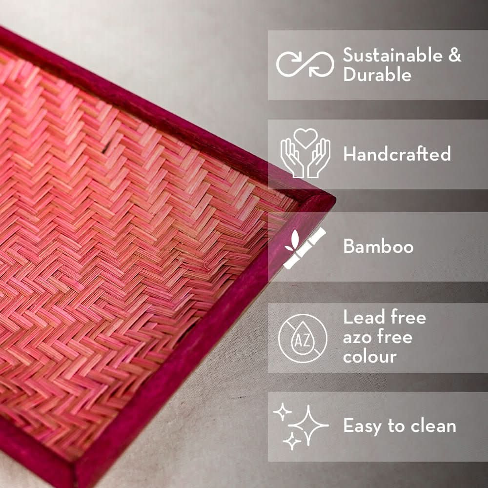 Handmade Bamboo Rectangular Serving Tray - Pink - Kadam Haat