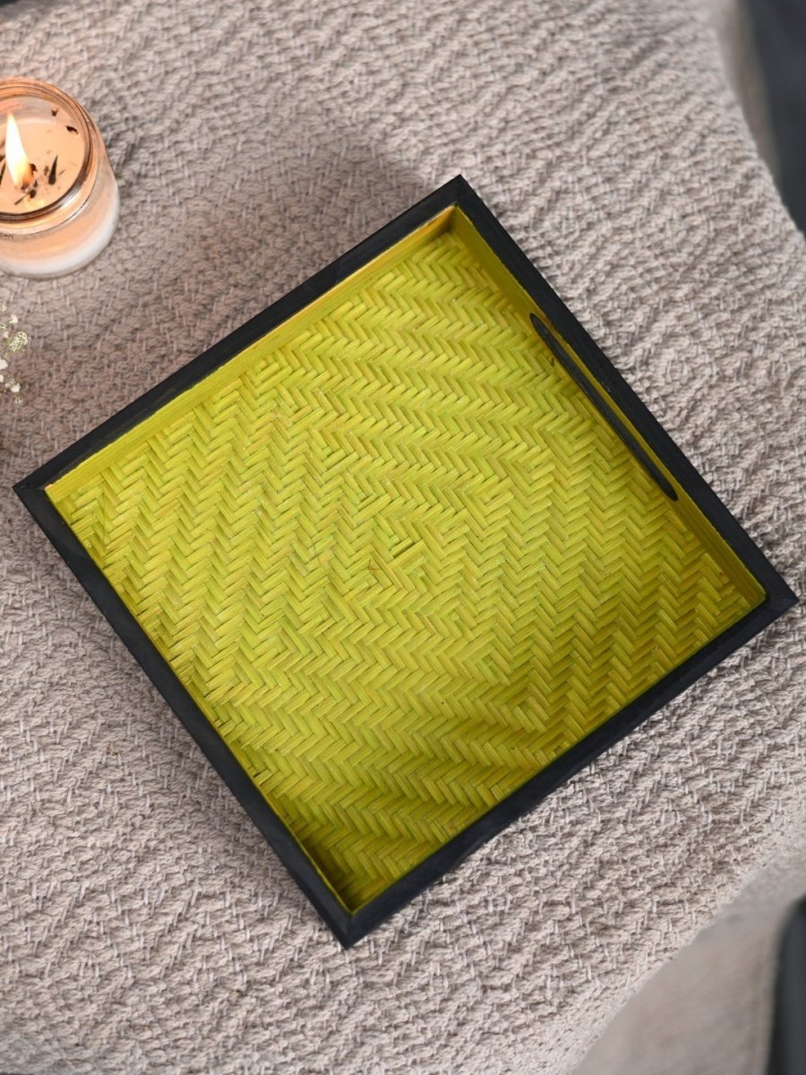 Handmade Bamboo Square Tray - Green & Black - Kadam Haat