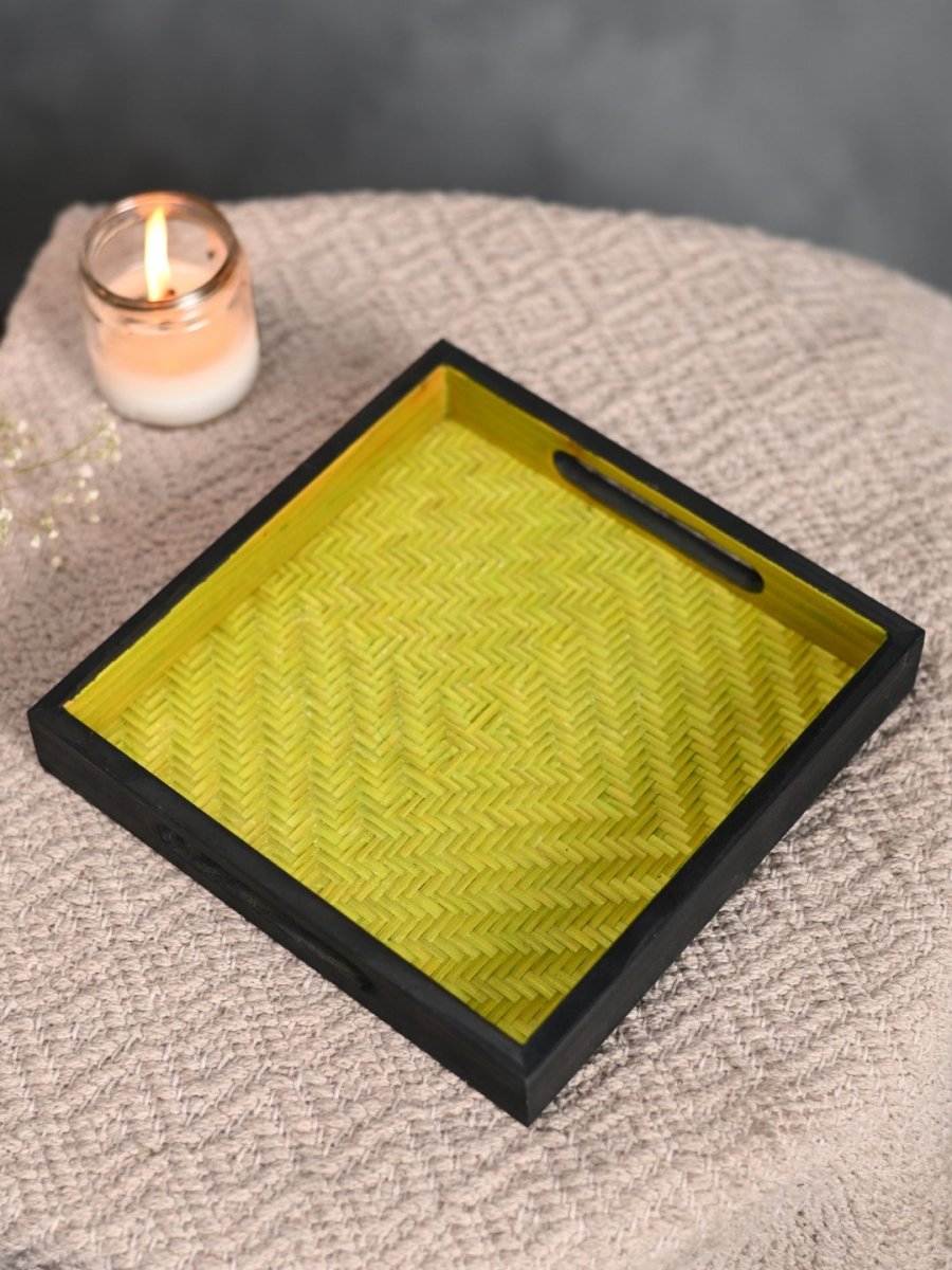 Handmade Bamboo Square Tray - Green & Black - Kadam Haat