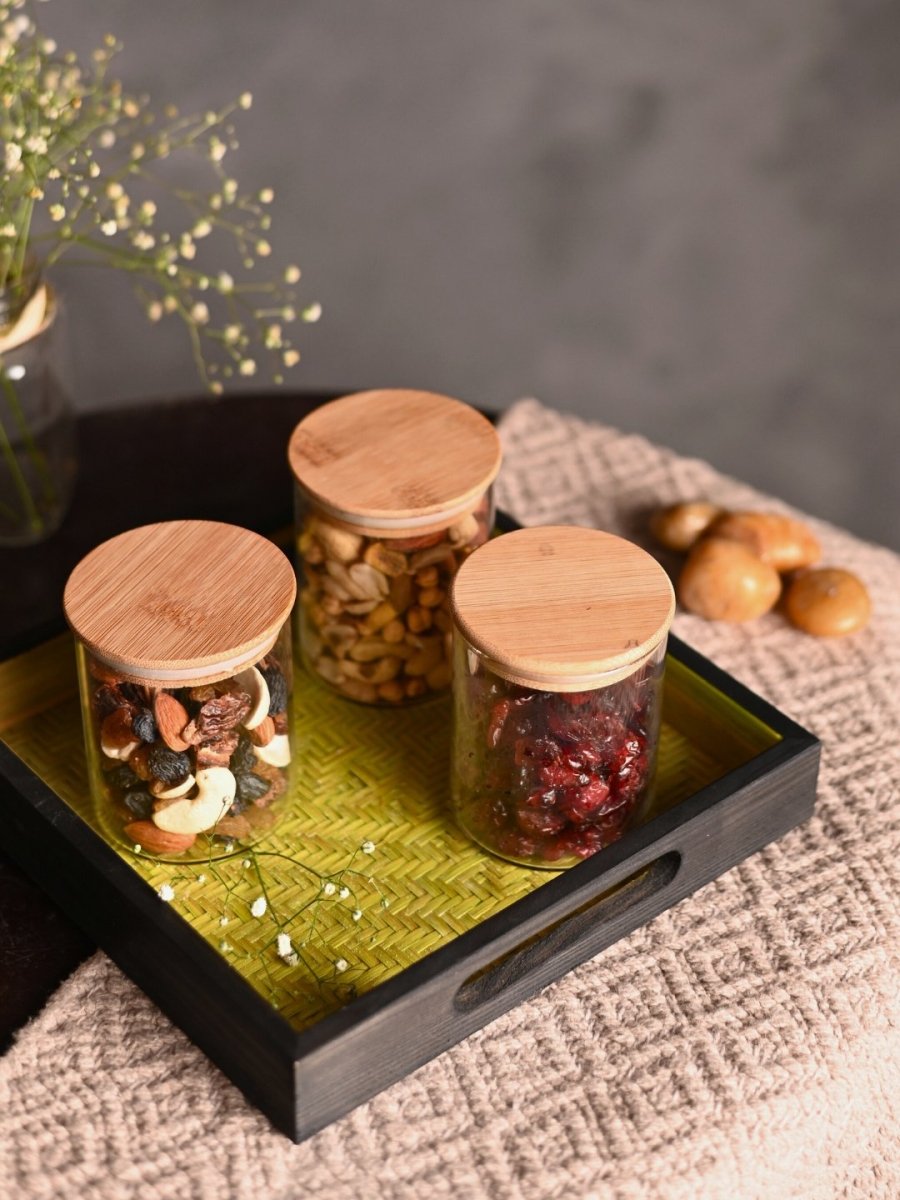 Handmade Bamboo Square Tray - Green & Black - Kadam Haat