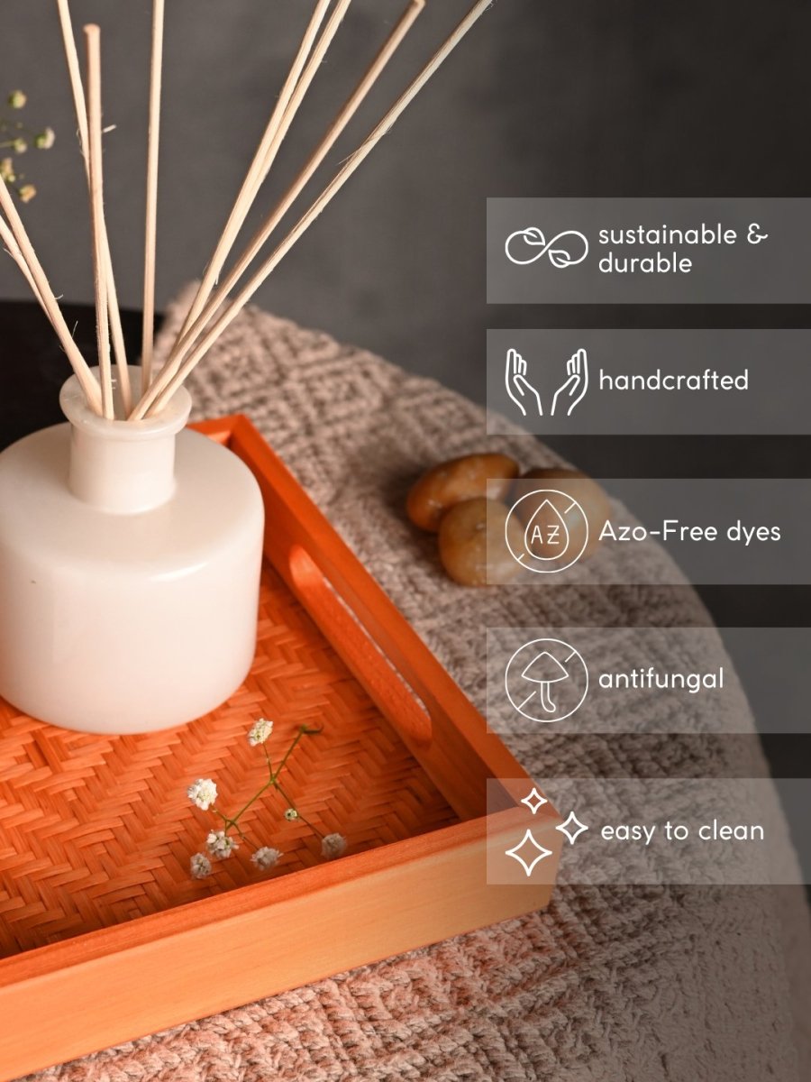 Handmade Bamboo Square Tray - Orange - Kadam Haat