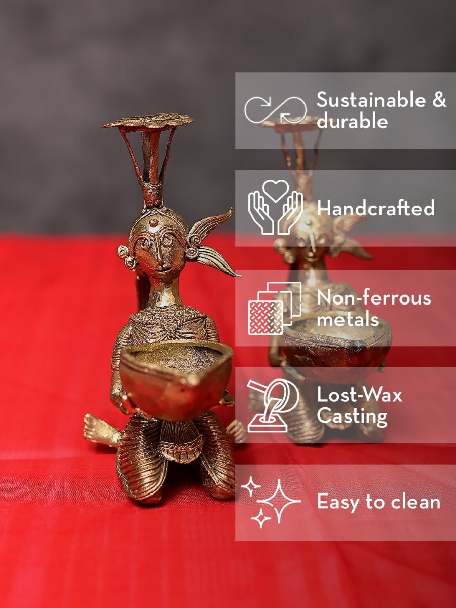 Handmade Dokra Diya and Incense Holder - Kadam Haat