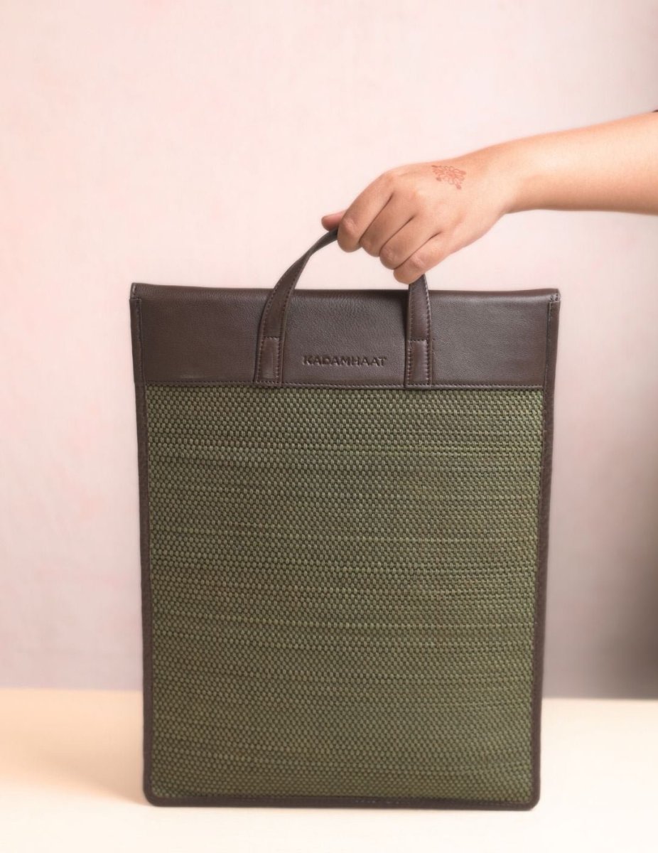 Handmade Madhurkathi laptop sleeve - 13” - Olive Green - Kadam Haat