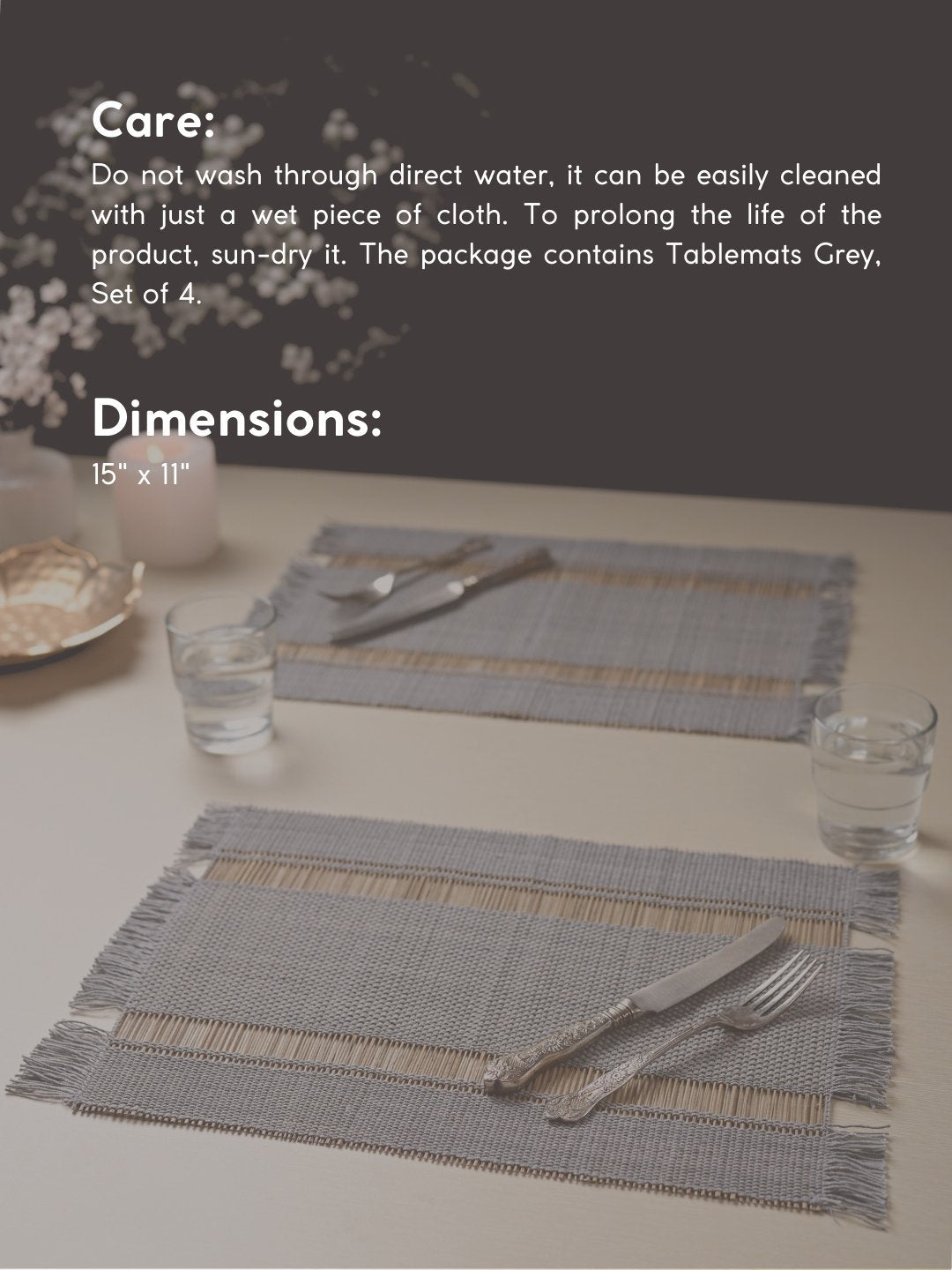 Handmade Madhurkatti Table Mat Set of 4 - Grey - Kadam Haat