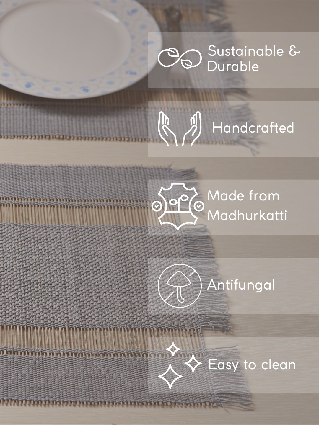 Handmade Madhurkatti Table Mat Set of 4 - Grey - Kadam Haat