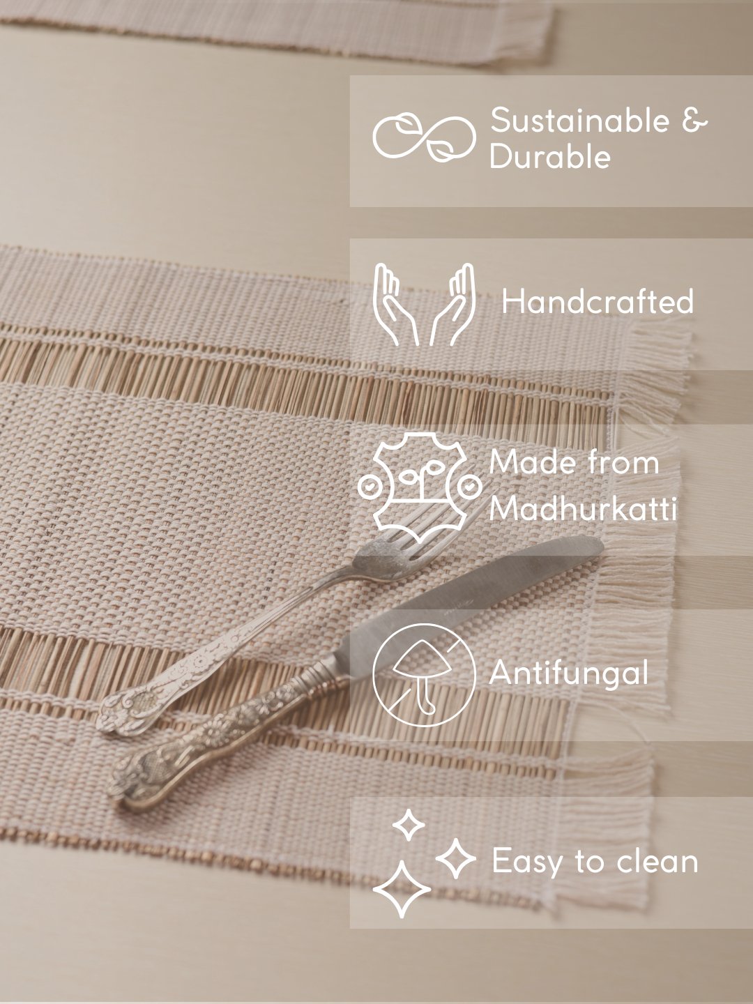 Handmade Madhurkatti Table Mat Set of 4 - White - Kadam Haat