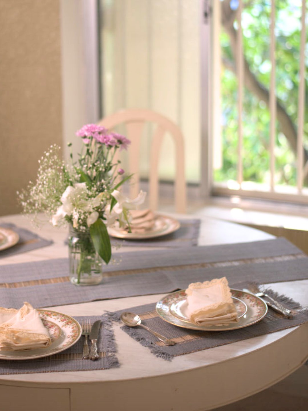 Handmade Madhurkatti Table Runner and Mat Combo - Grey - Kadam Haat