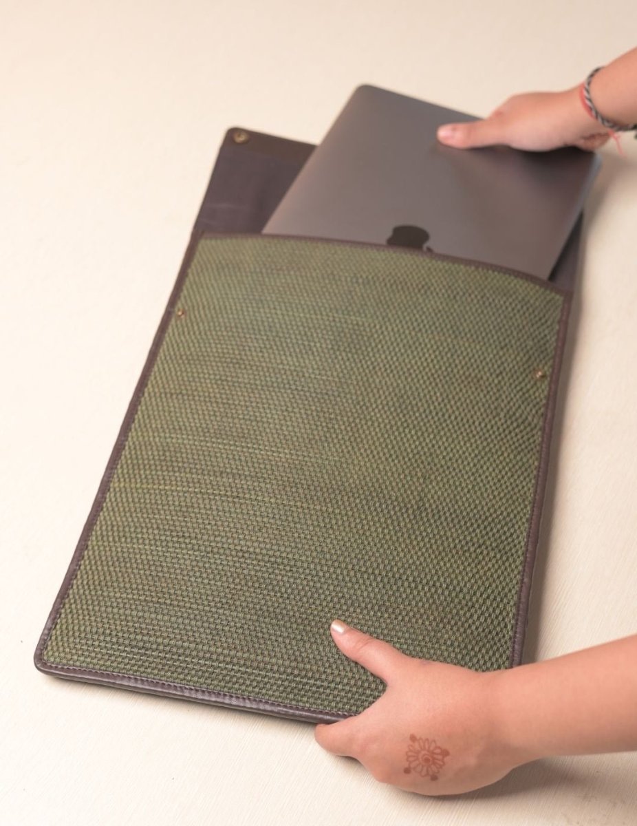 Handmade Madurkathi iPad Sleeve 11” - Olive Green - Kadam Haat