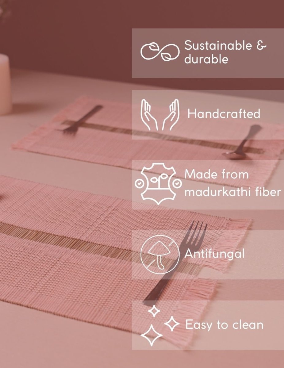 Handmade Madurkathi Table Mat - Blush Pink - Kadam Haat