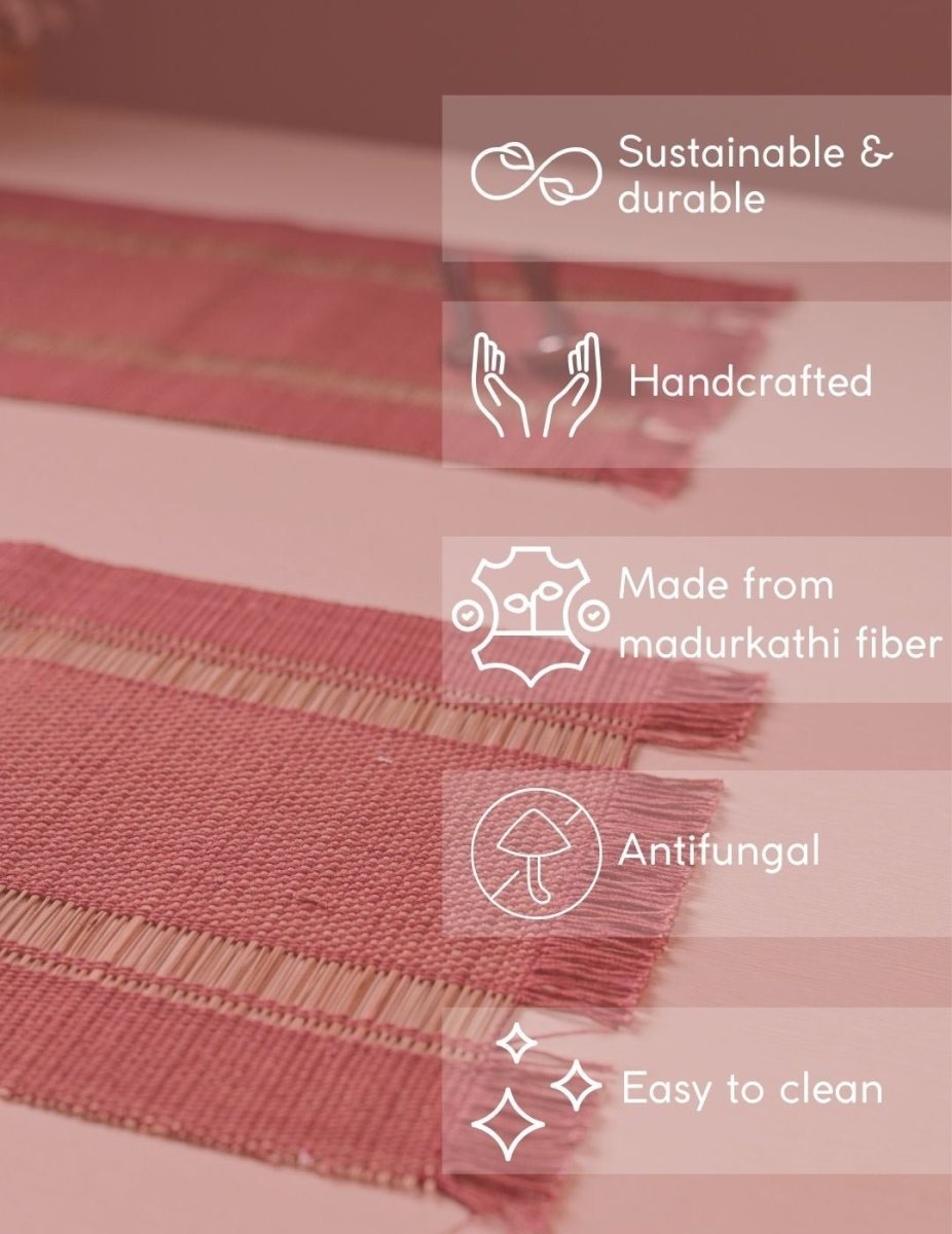 Handmade Madurkathi Table Runner and Mat Combo - Apple Red - Kadam Haat