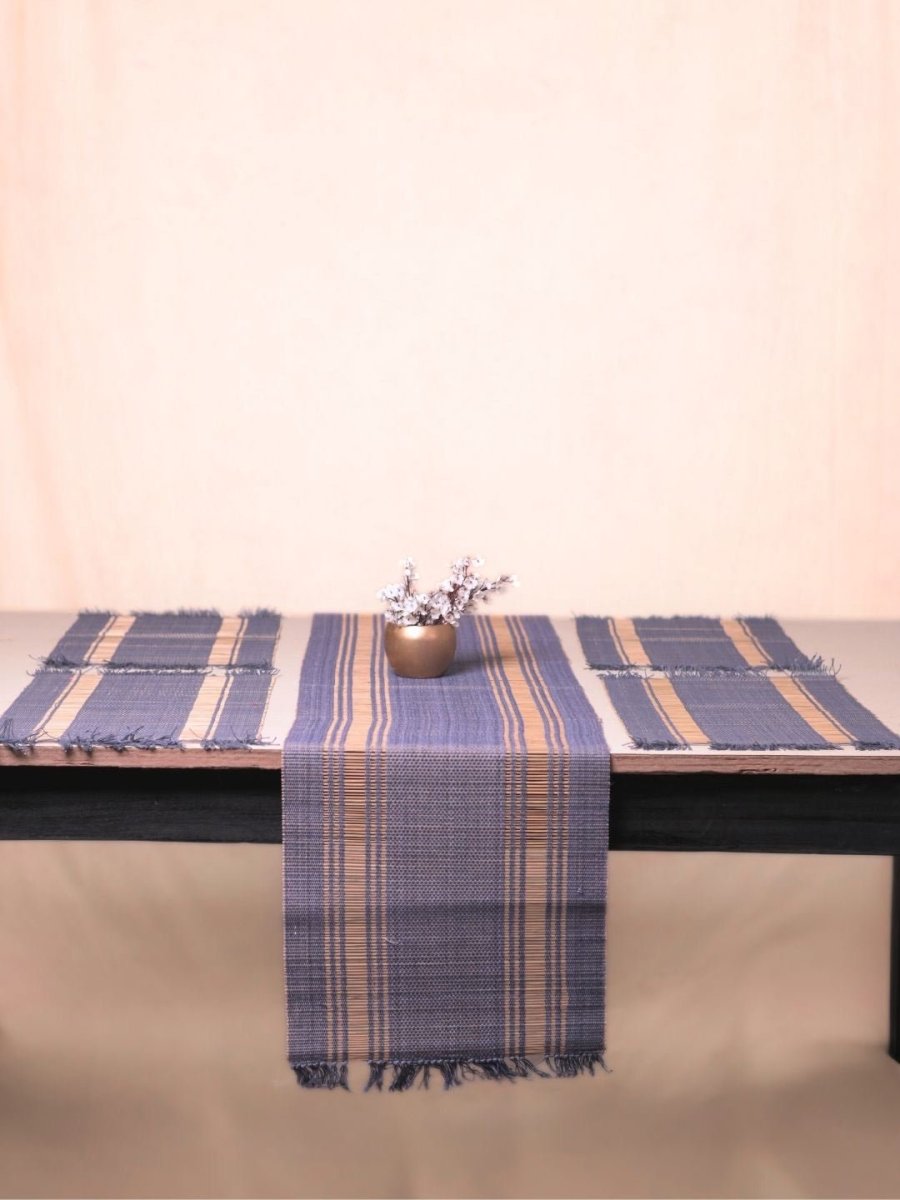 Handmade Madurkathi Table Runner and Mat Combo - Blueberry - Kadam Haat