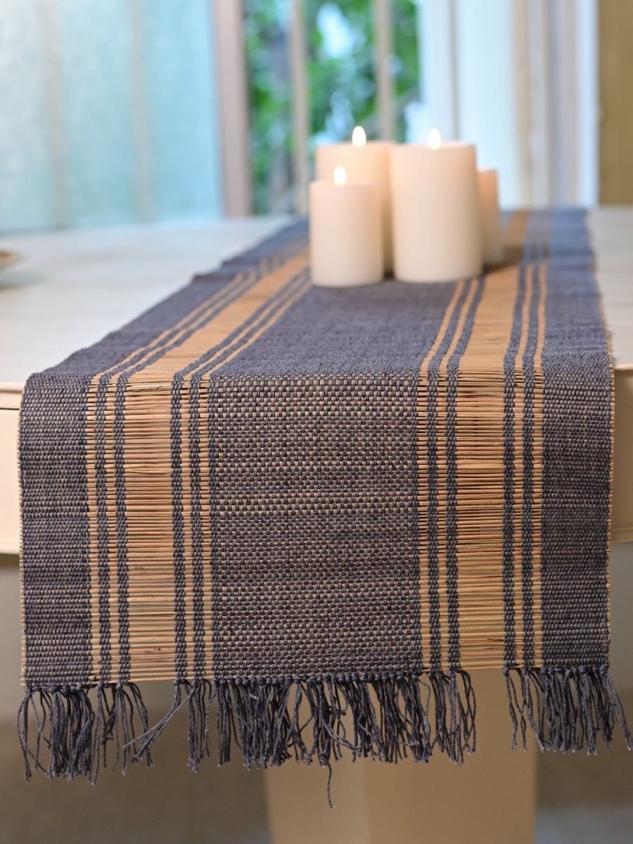 Handmade Madurkathi Table Runner and Mat Combo - Blueberry - Kadam Haat