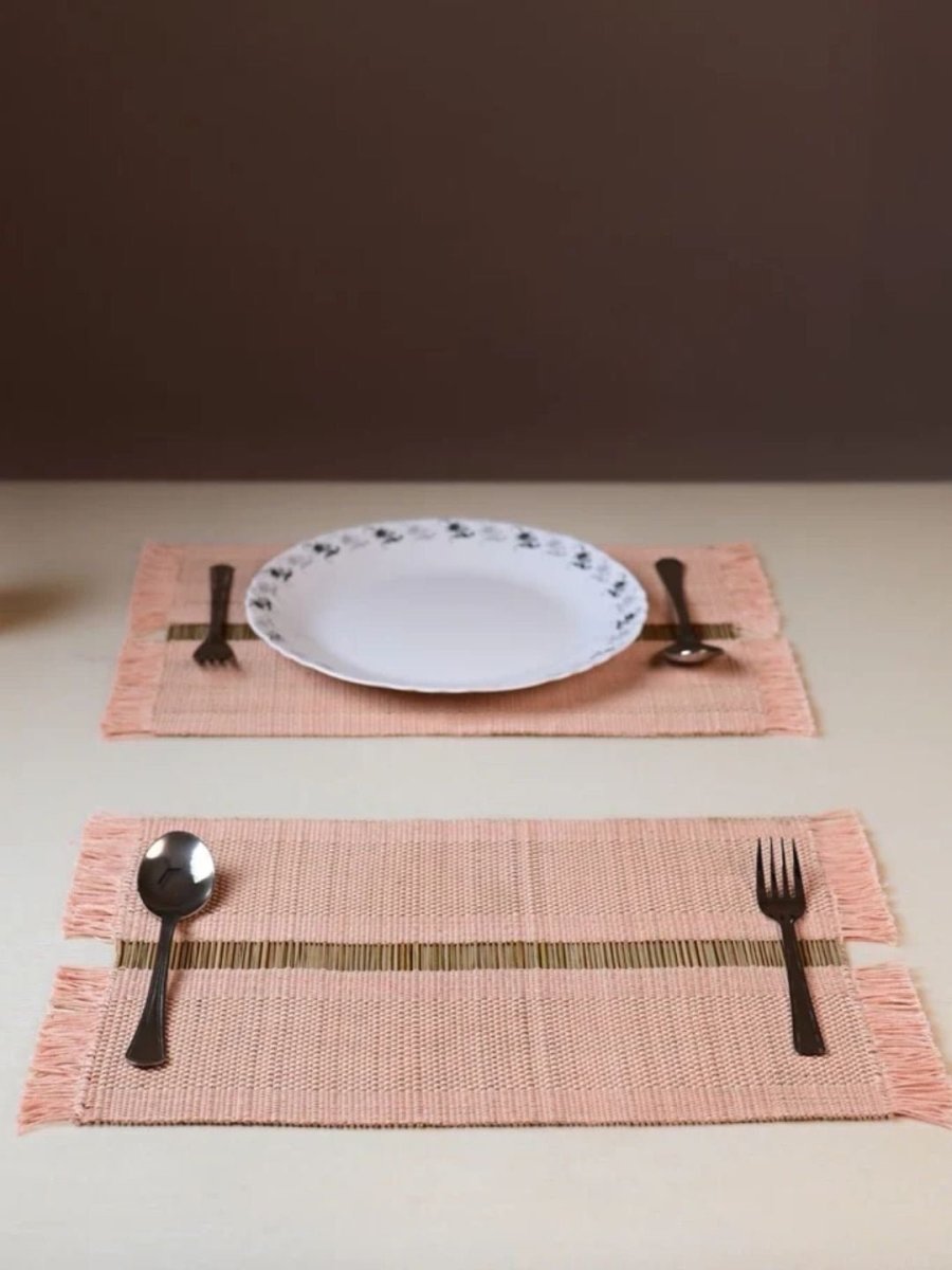 Handmade Madurkathi Table Runner and Mat Combo - Blush Pink - Kadam Haat