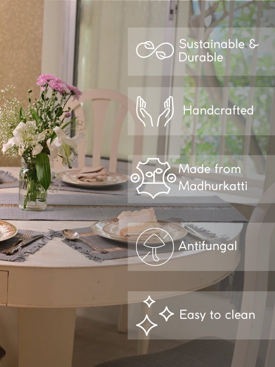 Handmade Madurkathi Table Runner and Mat Combo - Grey - Kadam Haat