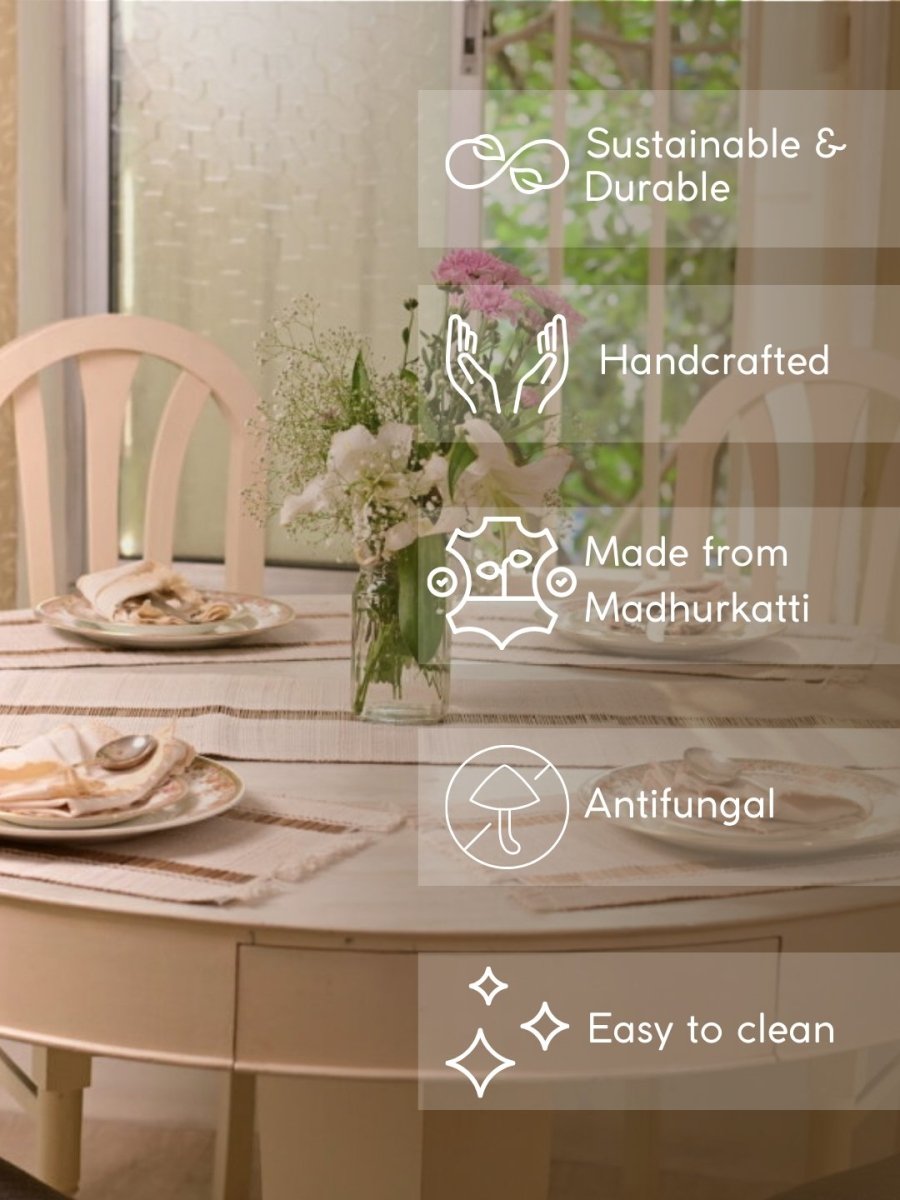 Handmade Madurkathi Table Runner and Mat Combo - White - Kadam Haat