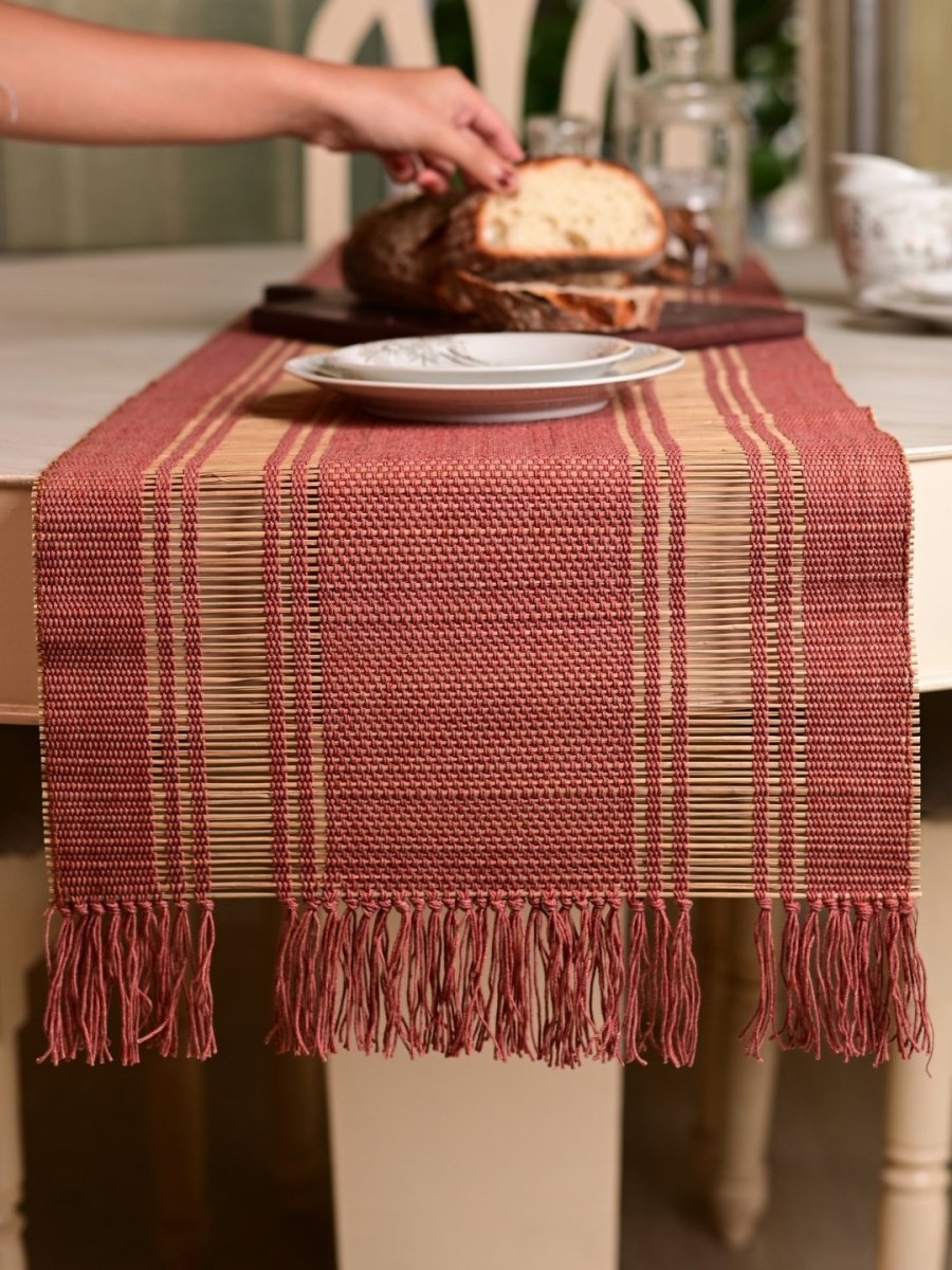Handmade Madurkathi Table Runner - Apple Red - Kadam Haat
