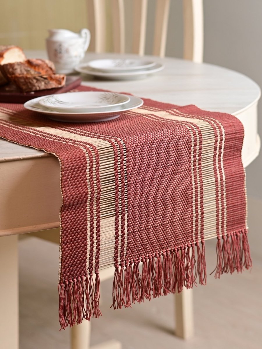 Handmade Madurkathi Table Runner - Apple Red - Kadam Haat
