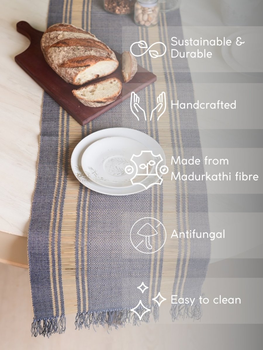 Handmade Madurkathi Table Runner - Blue Berry - Kadam Haat