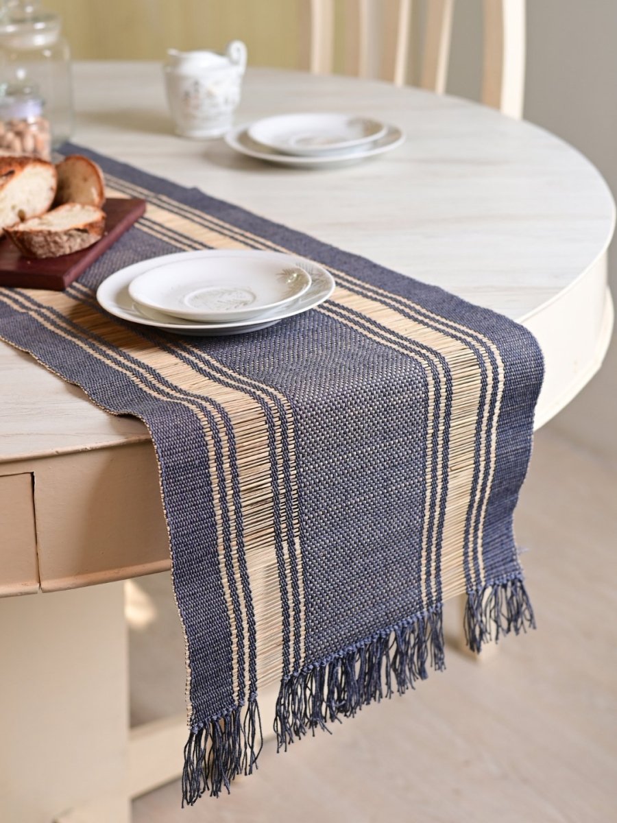 Handmade Madurkathi Table Runner - Blue Berry - Kadam Haat