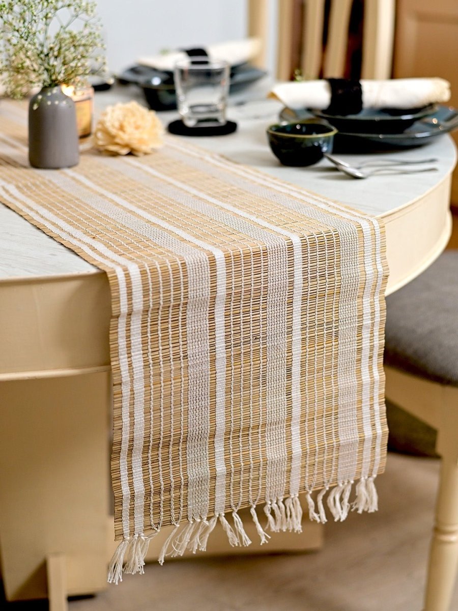 Handmade Madurkathi Table Runner - Ivory Reed - Kadam Haat
