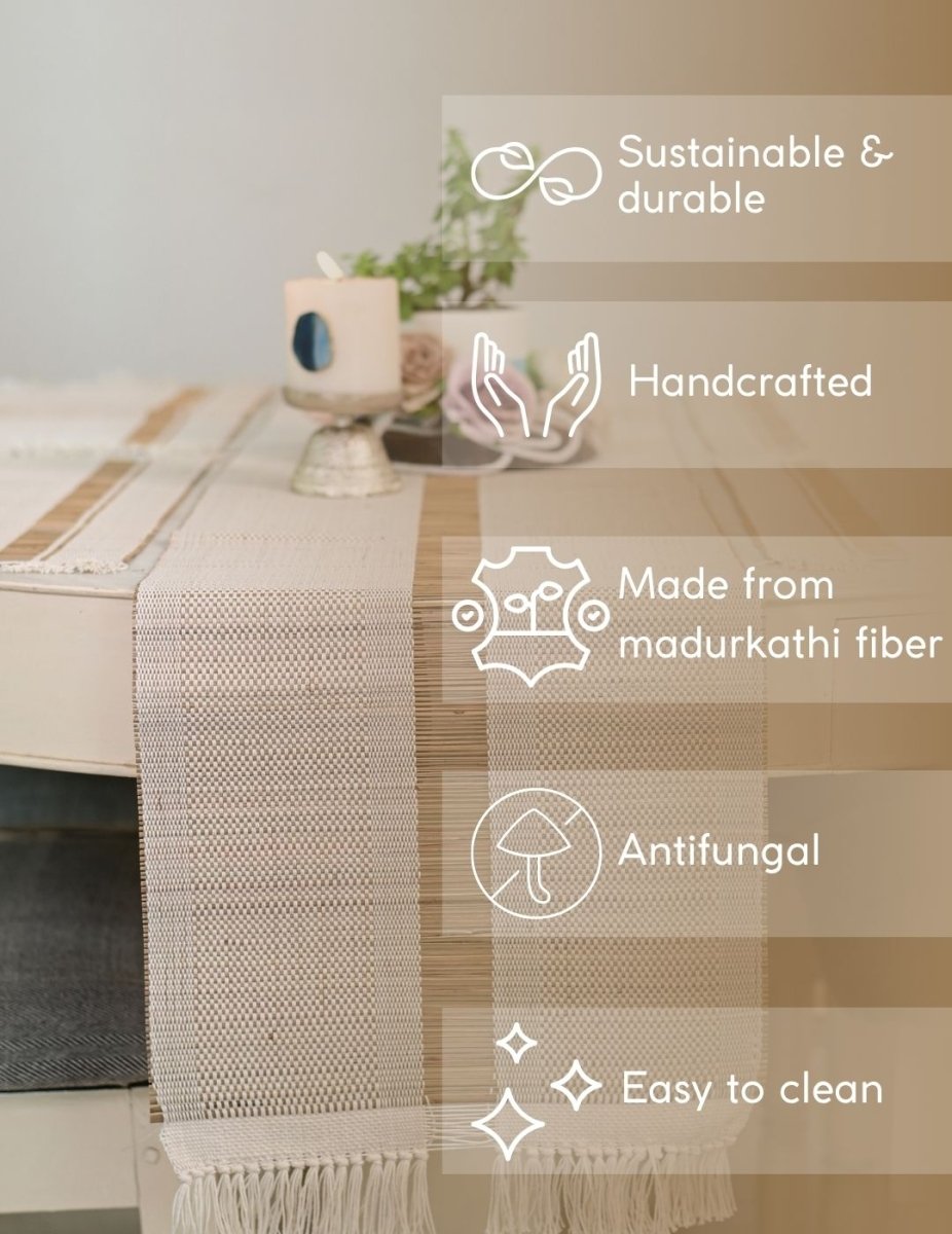 Handmade Madurkathi Table Runner - White - Kadam Haat