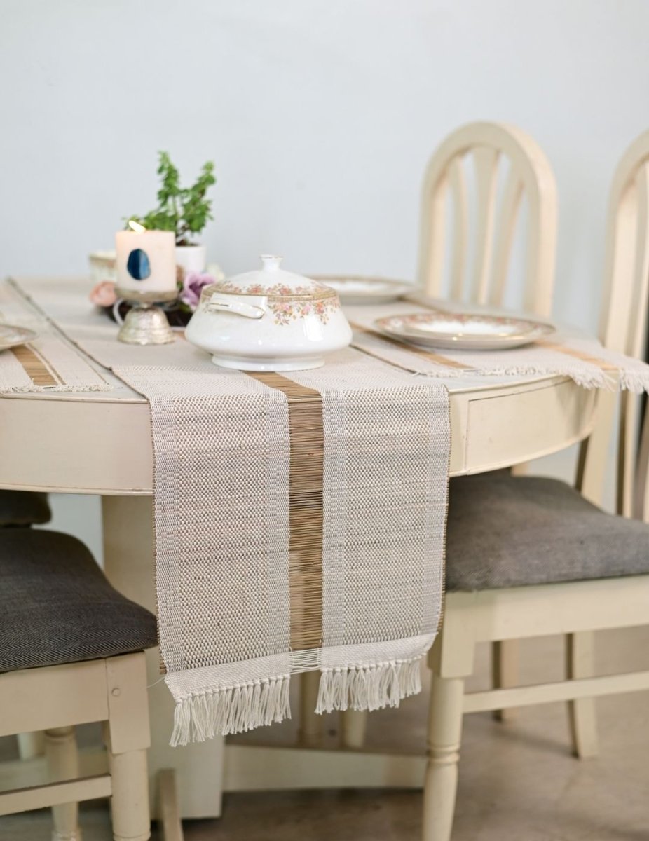 Handmade Madurkathi Table Runner - White - Kadam Haat