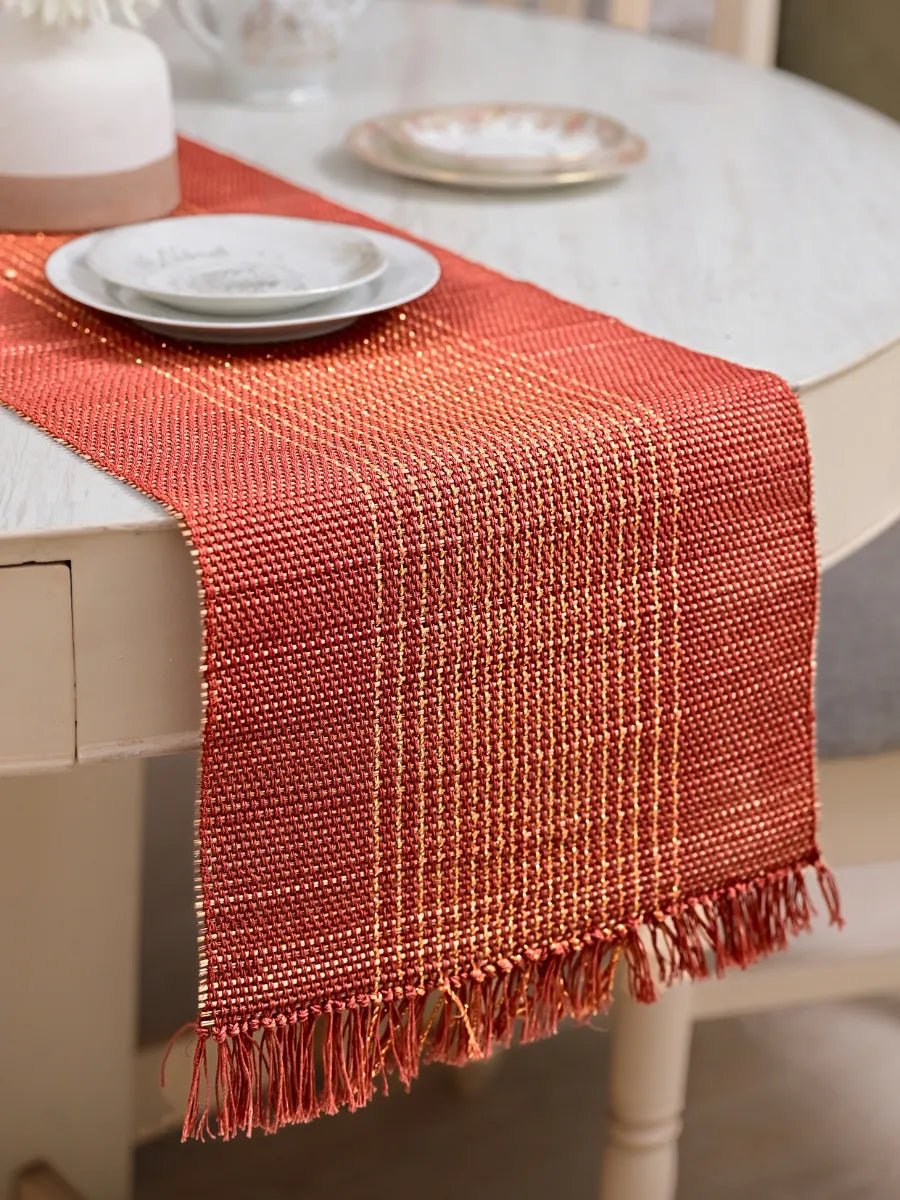 Handmade Madurkathi Zari Table Runner - Apple Red - Kadam Haat