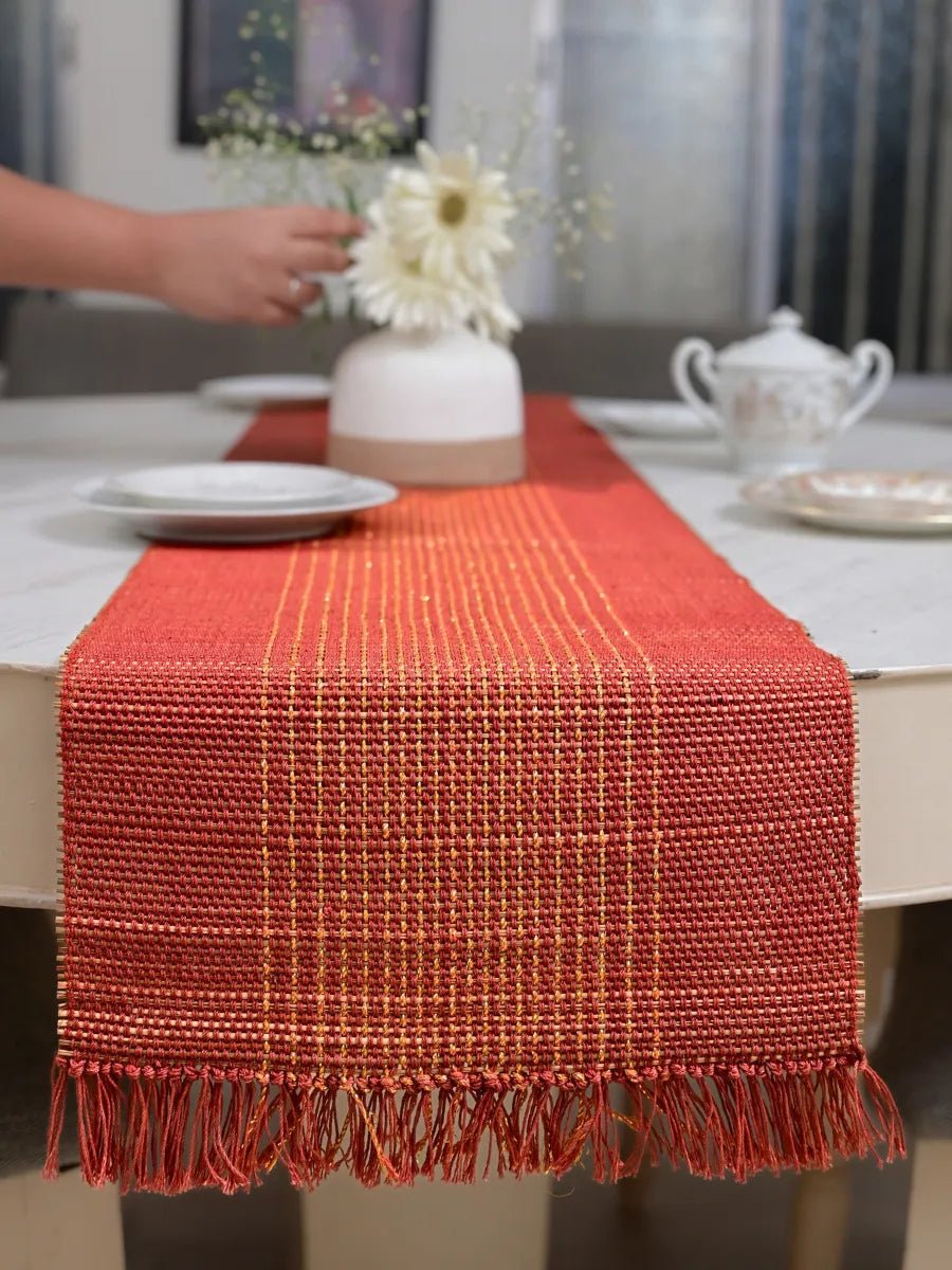 Handmade Madurkathi Zari Table Runner - Apple Red - Kadam Haat
