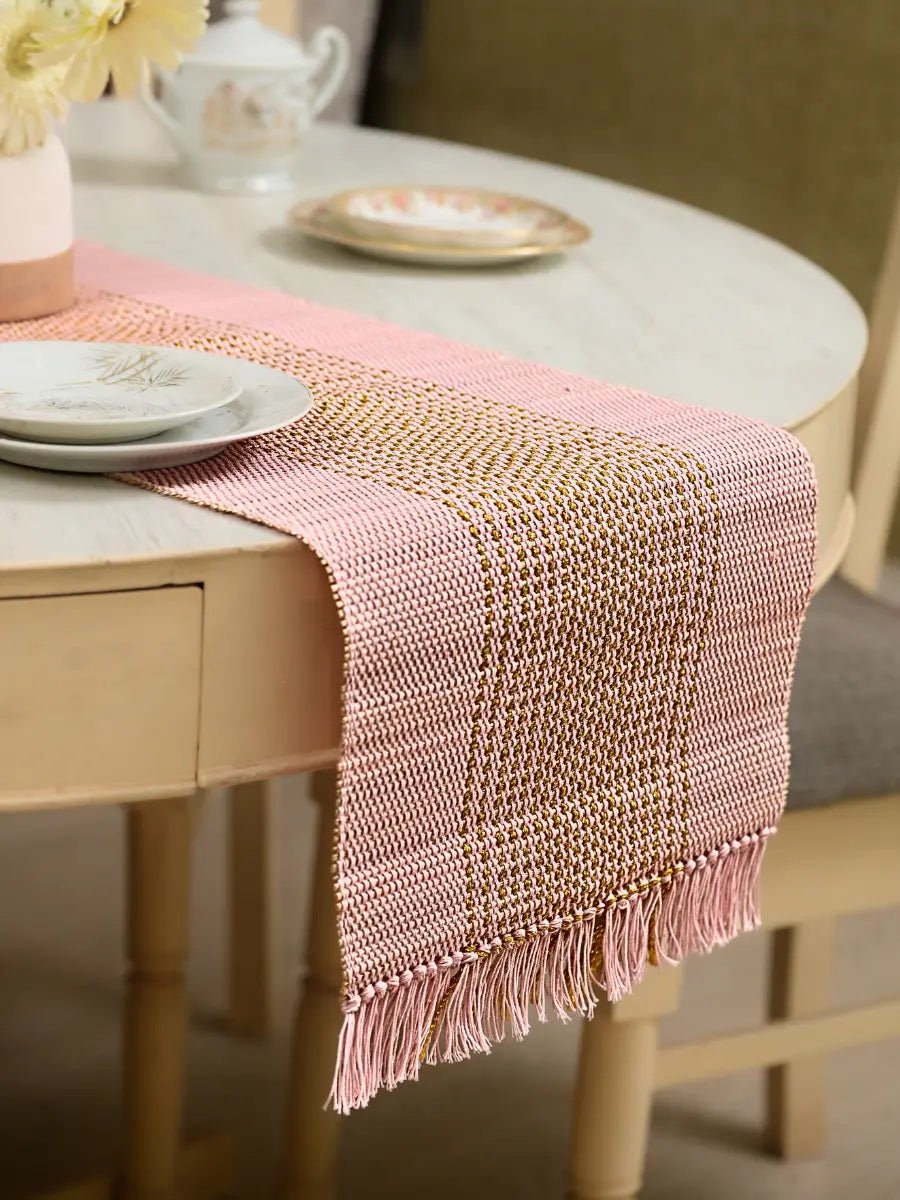Handmade Madurkathi Zari Table Runner - Blush Pink - Kadam Haat