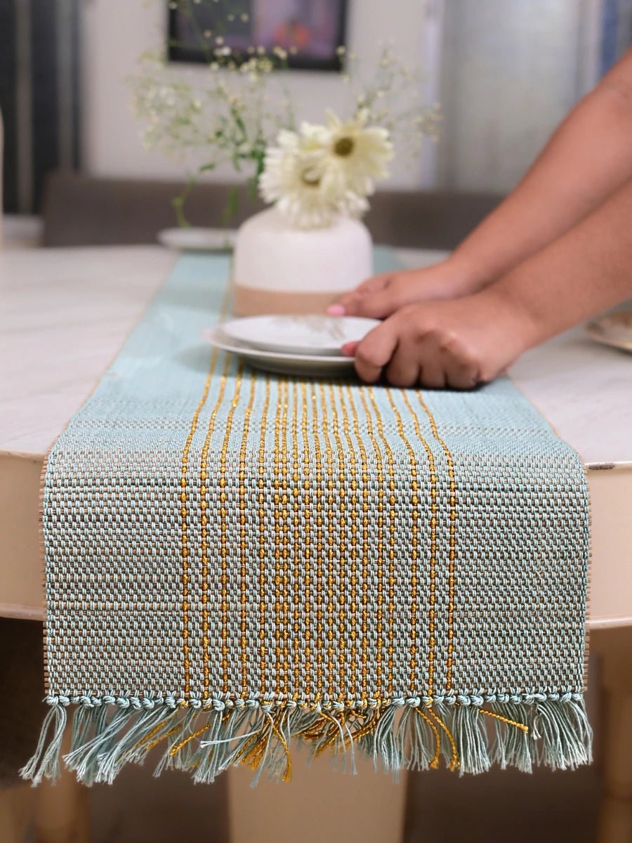 Handmade Madurkathi Zari Table Runner - Sage Green - Kadam Haat