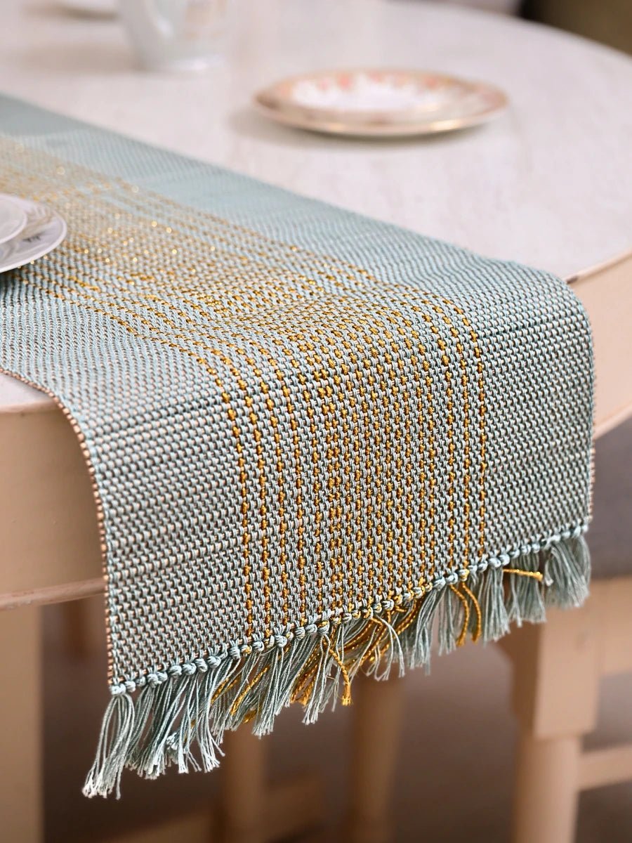 Handmade Madurkathi Zari Table Runner - Sage Green - Kadam Haat