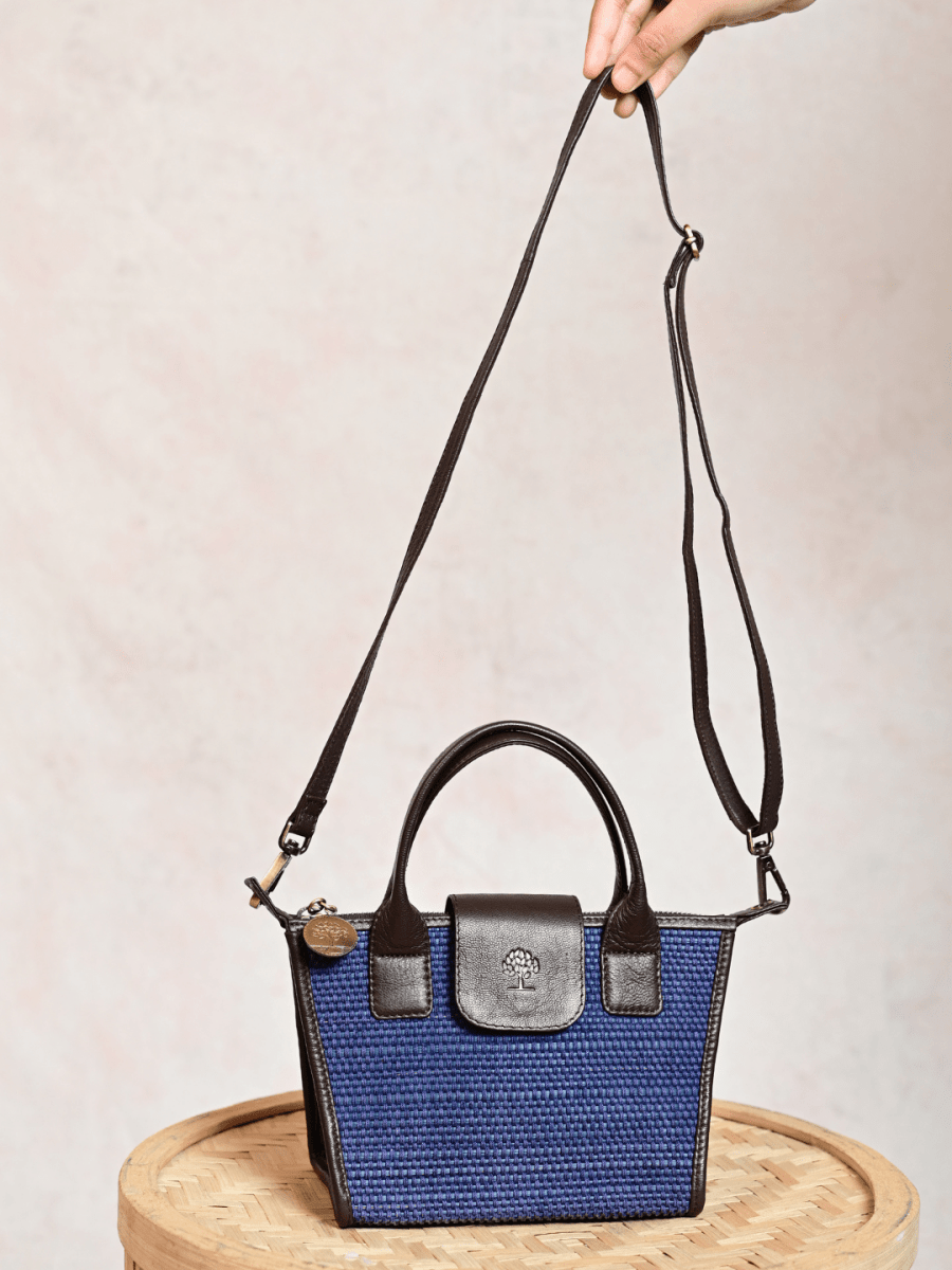 Handmade Mini Roll - up Madurkathi Bag - Blue - Kadam Haat