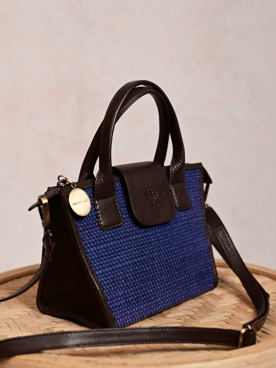 Handmade Mini Roll - up Madurkathi Bag - Blue - Kadam Haat