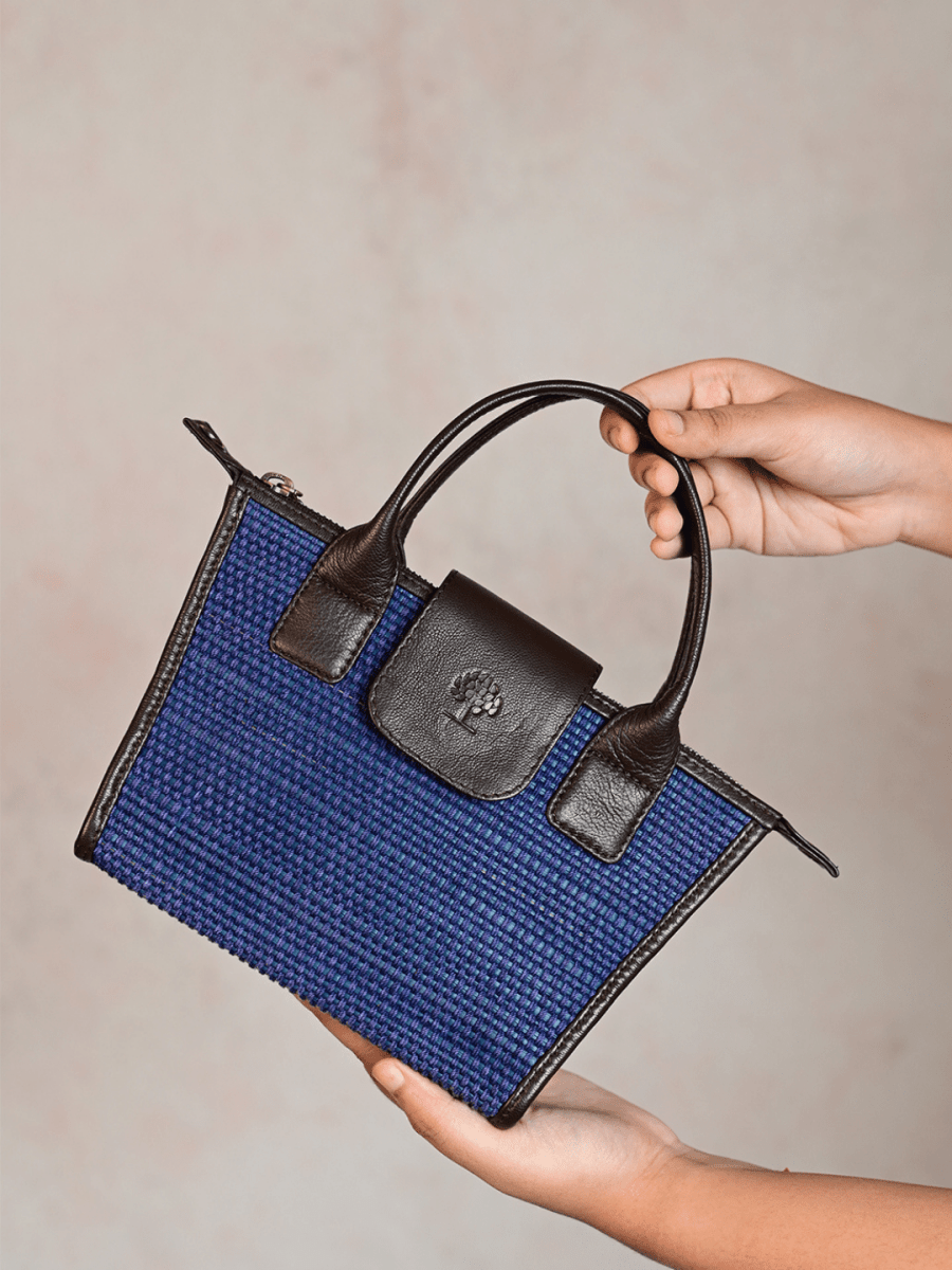 Handmade Mini Roll - up Madurkathi Bag - Blue - Kadam Haat