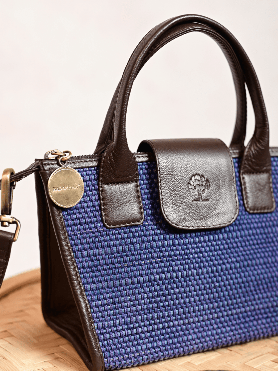 Handmade Mini Roll - up Madurkathi Bag - Blue - Kadam Haat