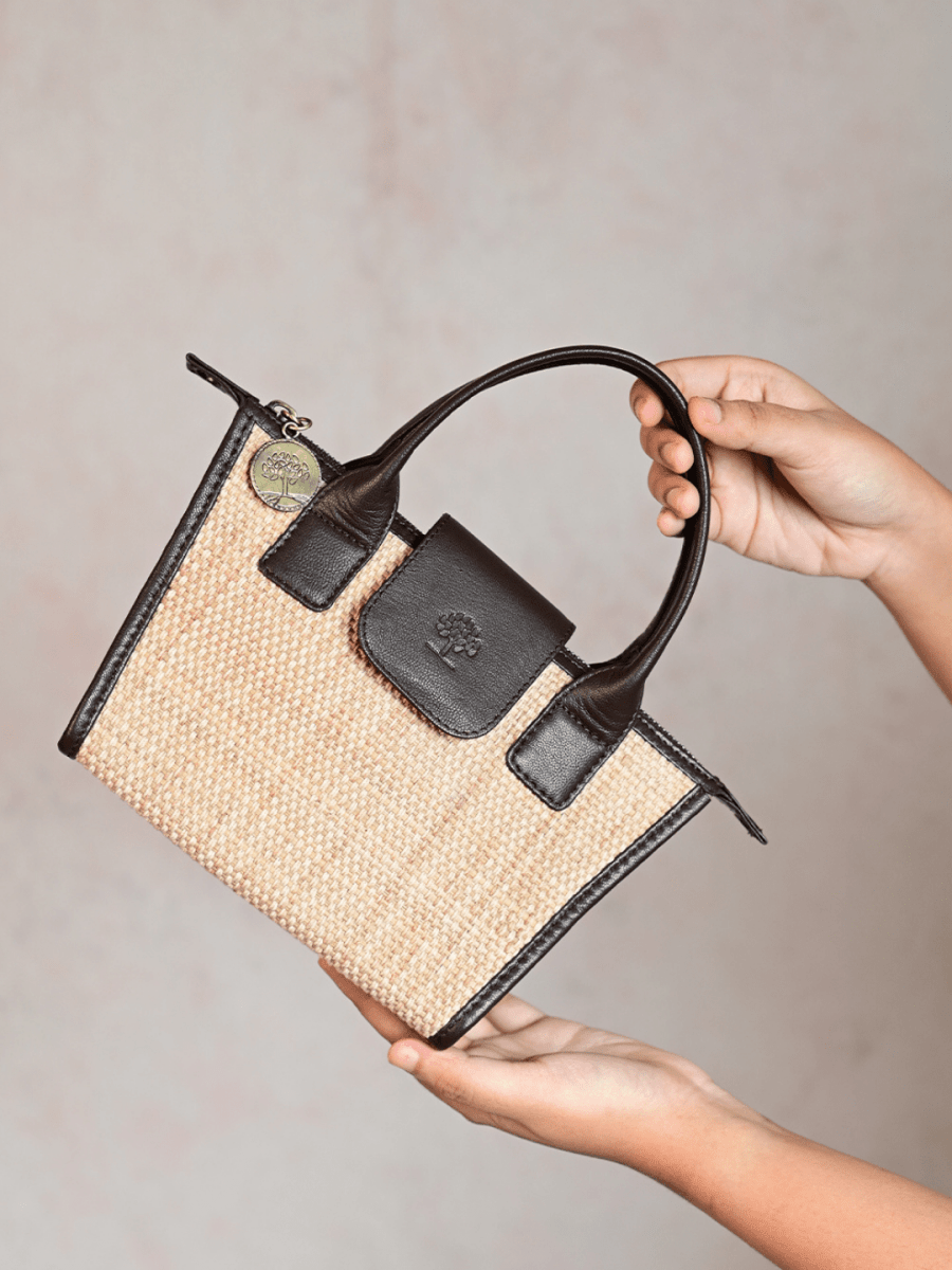 Handmade Mini Roll - up Madurkathi Bag - Natural - Kadam Haat