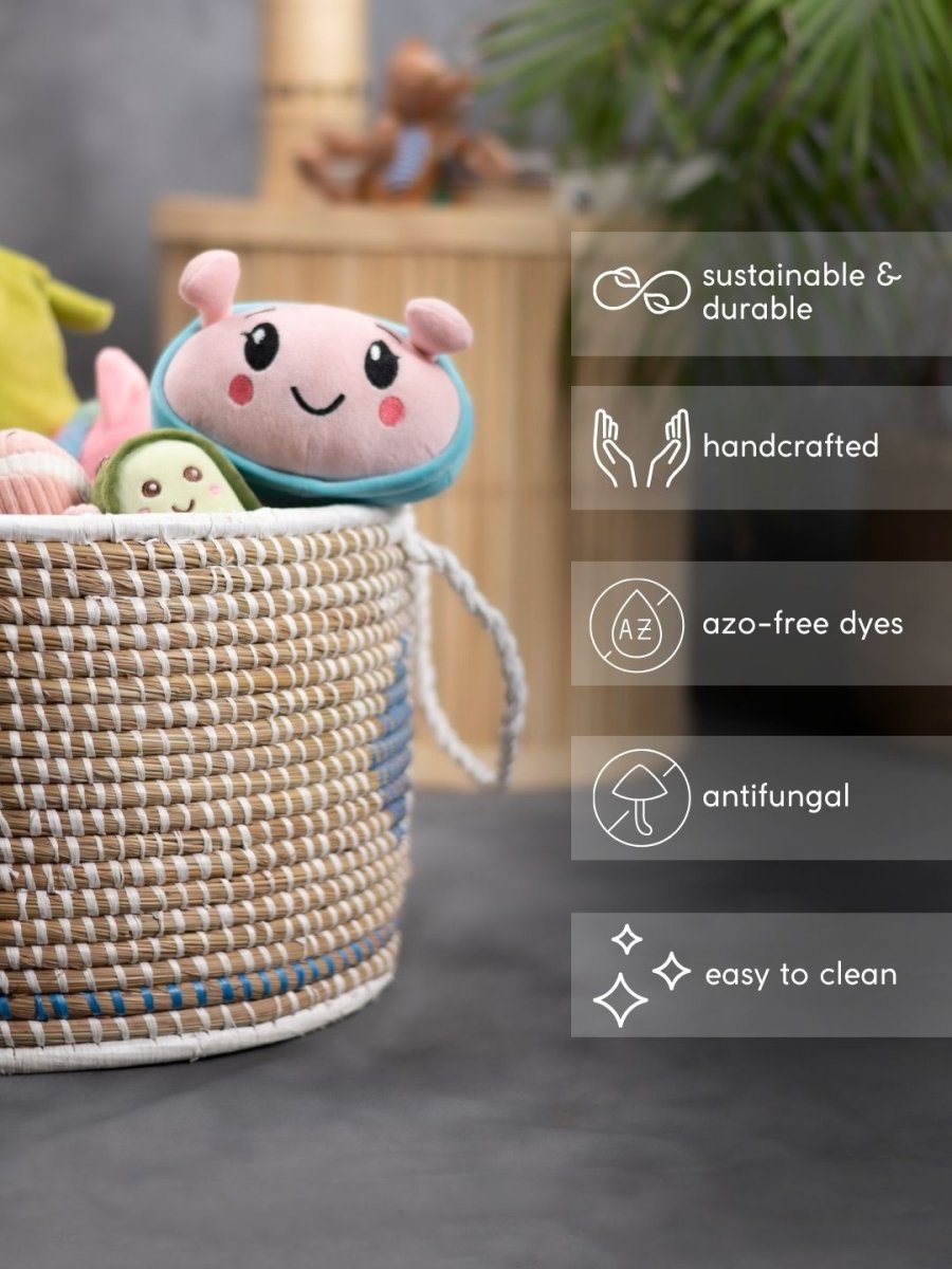 Handmade Moonj Grass Declutter Basket - Indigo - Diamond - Kadam Haat
