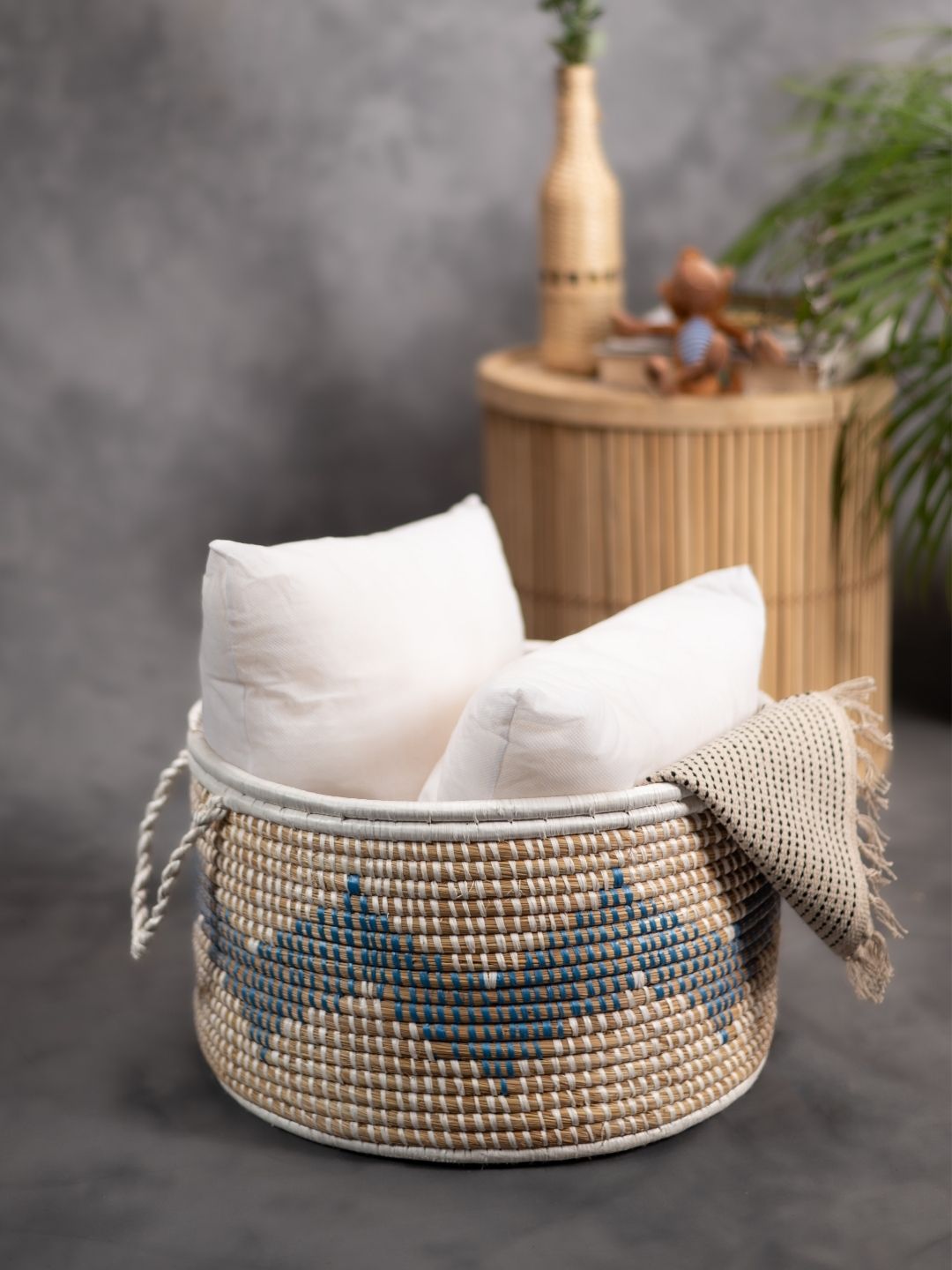 Handmade Moonj Grass Declutter Basket - Indigo - Wave - Kadam Haat